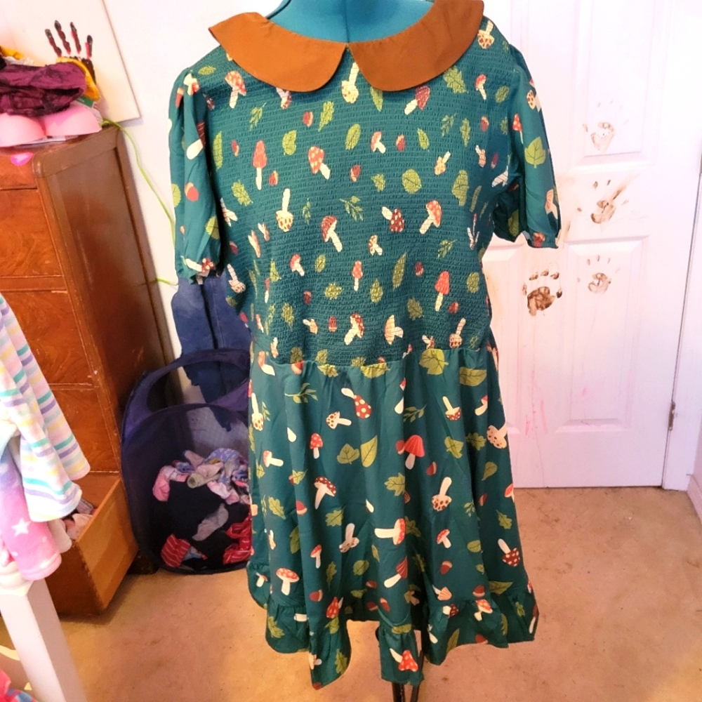 Green mushroom Peter pan dress smocked 4x